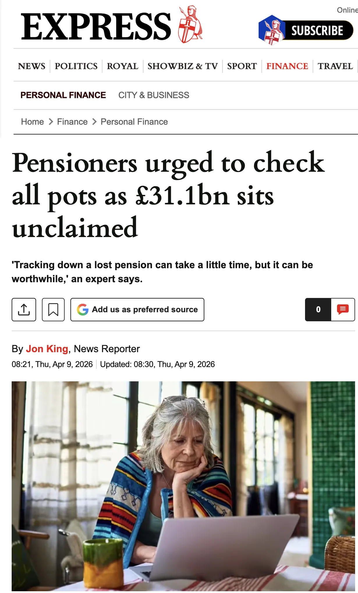 Daily Express coverage: Pensioners urged to check all pots as £31.1bn sits unclaimed